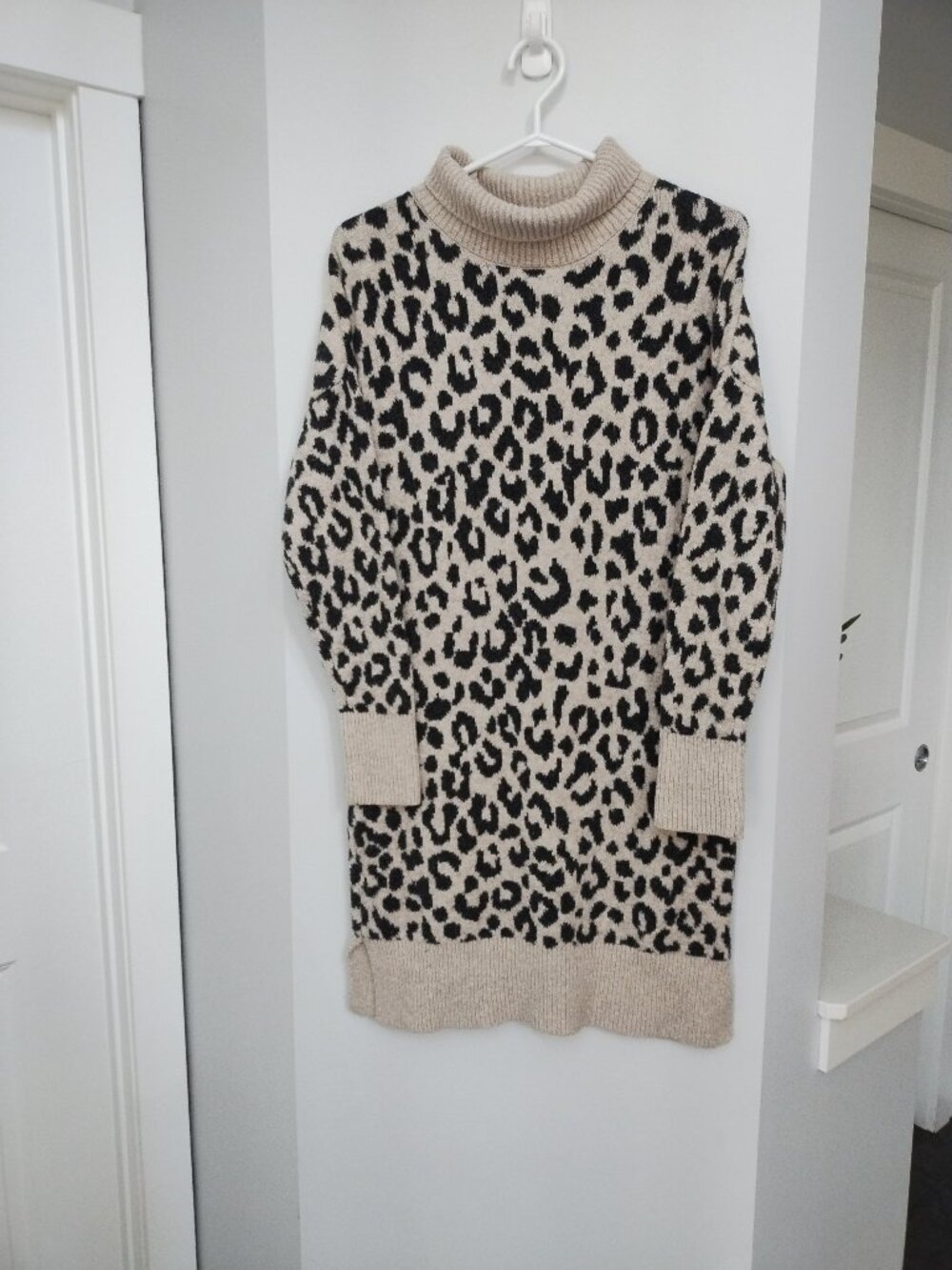 Leopard print long sleeve turtle neck sweater dress